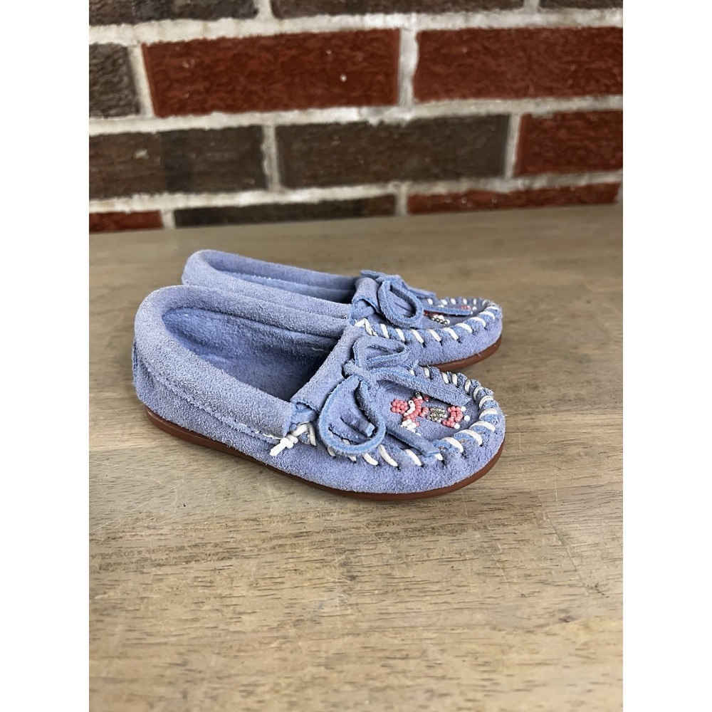 NWOB Infants Minnetonka Thunderbird Animikii Cornflower Blue Suede Moccasin Sz 7